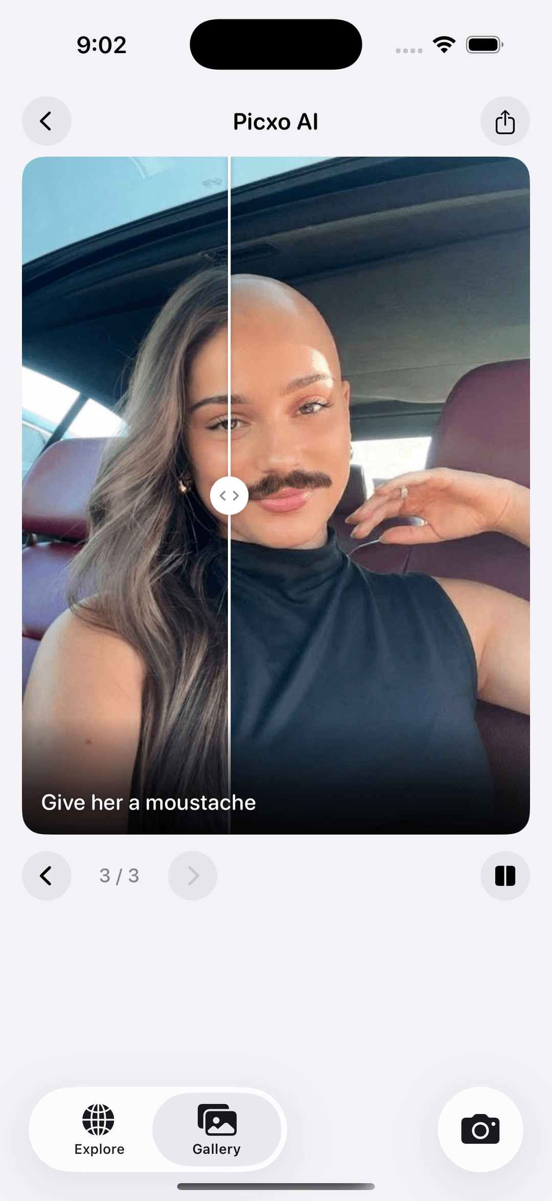 Picxo AI before-and-after comparison with a draggable slider