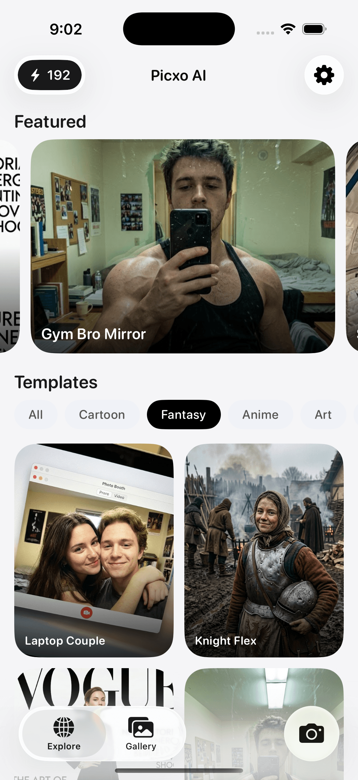 Picxo AI app showing Explore with featured template and template grid